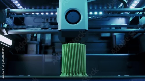 Advanced 3D Printer Creates Detailed Green Object in High-Tech Environment