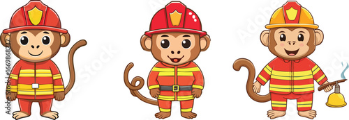 A full-body, detailed character illustration of a monkey dressed as a firefighter, wearing a helmet and a protective jacket, holding a firehose.