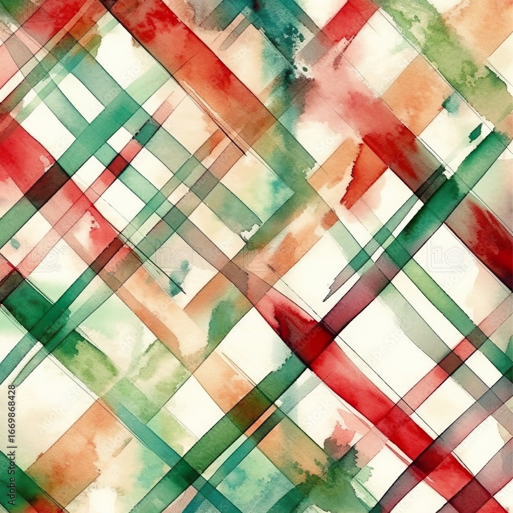 seamless Christmas plaid pattern in green, red, and cream, watercolor texture, soft tones, hand-painted effect 
