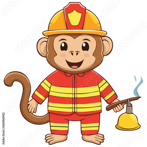 An imaginative full-body artwork of a monkey firefighter, ready to fight fires and save lives with a confident and courageous demeanor.