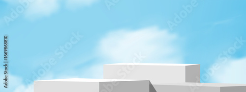 Minimal white podium on blue sky, clouds background,3D Abstract white stage stand for Product Mockup,Cosmetic platform display,Branding presentation in Winter promotion,Vector design banner for Spring