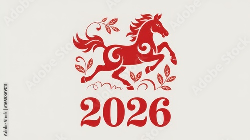 Stylized red horse illustration for the year 2026, representing the chinese zodiac animal, isolated on white background