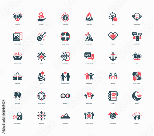 icons symbolizing friendship love togetherness shared experiences using red dark blue colors