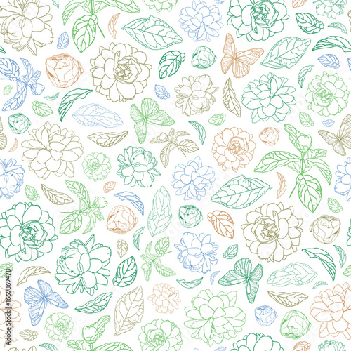 Vector Jasminum sambac or Arabian Jasmine flower seamless repeat pattern with white background, green and brown leaves and butterfly. Suitable for textile, wallpaper and gift wrap.