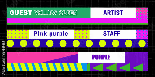 Colorful Event Badges with Geometric Patterns and Text Labels on Black Background