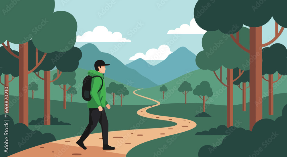 Obraz premium Adventurous hiker on forest trail illustration with serene mountain backdrop