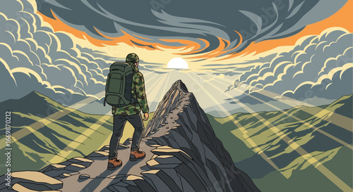 Adventurous hiker trekking towards the mountain peak at sunrise landscape