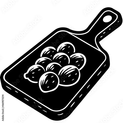 Black and white illustration of a cutting board with potatoes on a white background food ingredient