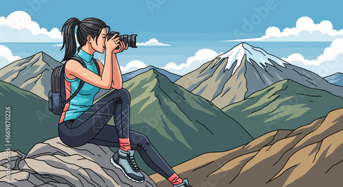 Adventurous photographer capturing scenic mountain vista with her camera