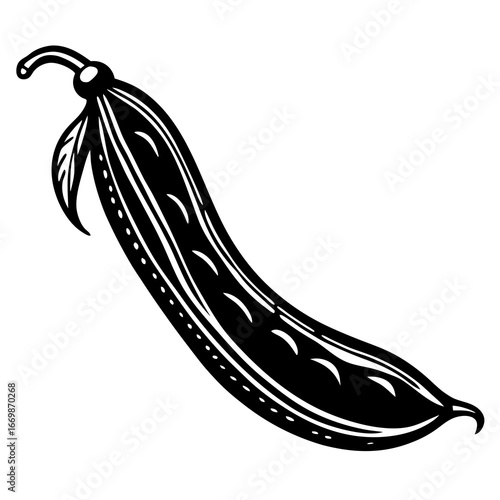 Black and white illustration of a single green bean pod with leaves isolated
