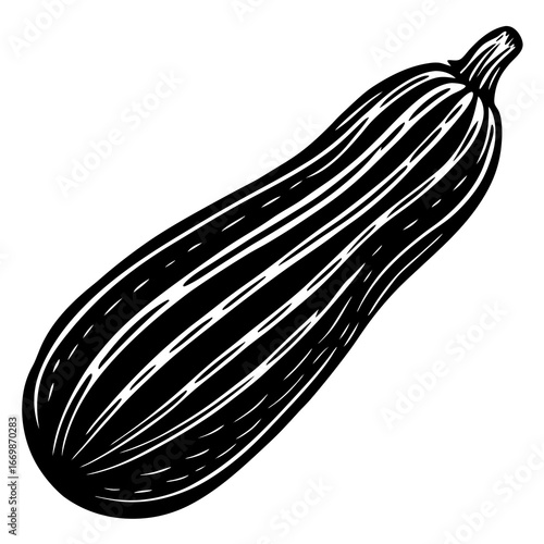 Black and white illustration of a single zucchini vegetable squash food