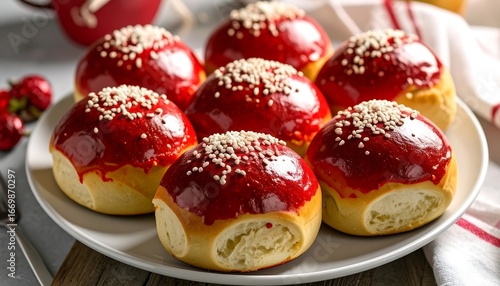 Wallpaper Mural Delicious Sweet Buns Topped with Red Glaze and Sprinkles on a White Plate. Torontodigital.ca