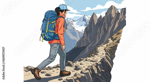 Adventurous woman trekking through the mountains, enjoying outdoor lifestyle