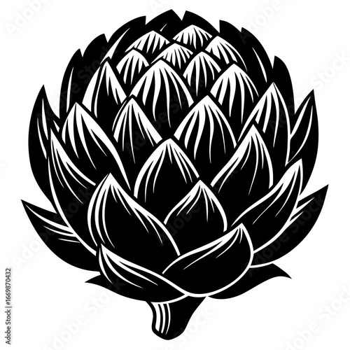 Black and white stylized illustration of an artichoke on a white background vegetable food