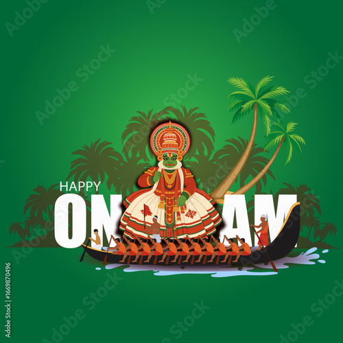Happy Onam Festival Illustration with King Mahabali on Traditional Snake Boat