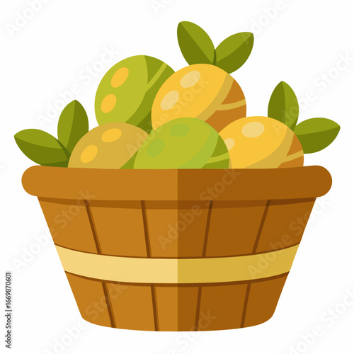 Brown woven basket filled with yellow and green potatoes and green leaves harvest food
