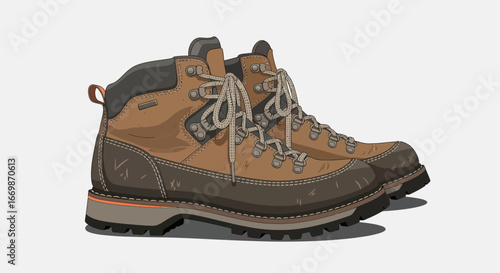 Cartoon illustration of sturdy hiking boots suitable for outdoor adventures
