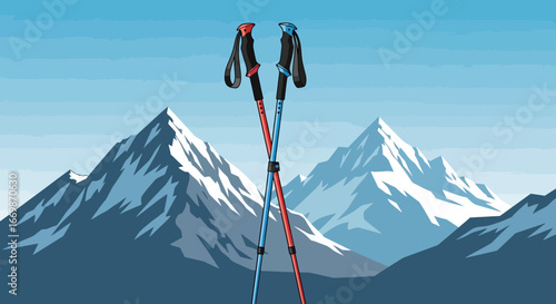 Cartoon style image of hiking poles against a majestic mountain backdrop