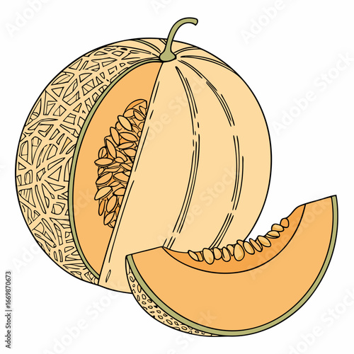 Cantaloupe melon with a slice cut showing seeds and flesh on a white background fruit food