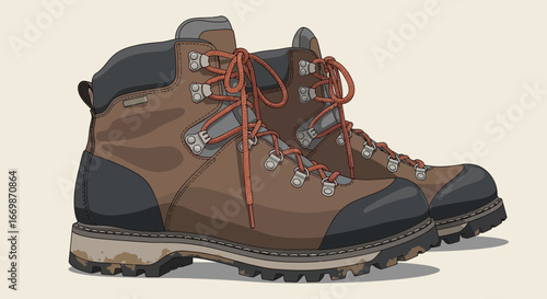 Detailed Illustration of Sturdy Hiking Boots with Knotted Orange Laces