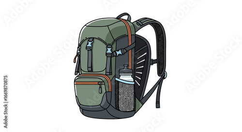 Detailed illustration of an outdoor adventure backpack with water bottle