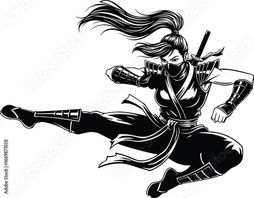  Dynamic Female Ninja Fighter in Action Pose, Martial Arts Fighter, Stealthy Assassin Illustration for Gaming, Comics, and Sports Themes