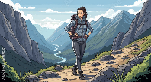 Female explorer amidst the vast mountain range, embracing adventure and exploration