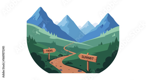 Enchanting mountain path with trail and summit signpost vector art