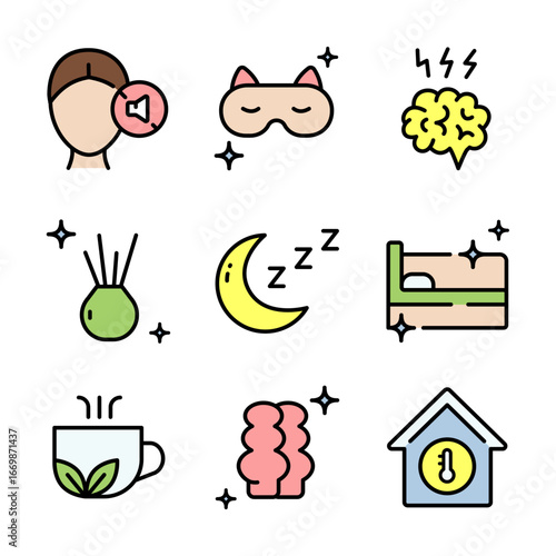 Sleep Hygiene And Wellness color icons set. Tips better sleep flat signs. Promoting relaxation and better sleep through mindful habits and routines. Isolated Vector Illustration.