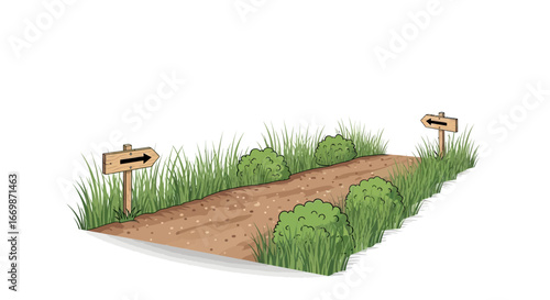Idyllic cartoon footpath illustration with vegetation and signage directions