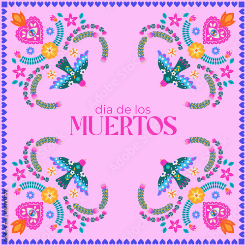 Pink Background Birds Folk Art