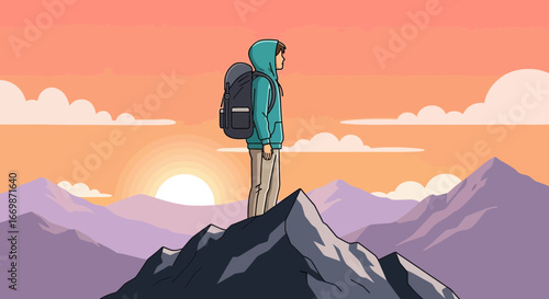 Illustration of a lone hiker on a mountain peak admiring the sunrise