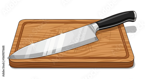 Illustration of a Sharp Chef's Knife Resting on a Wooden Cutting Board