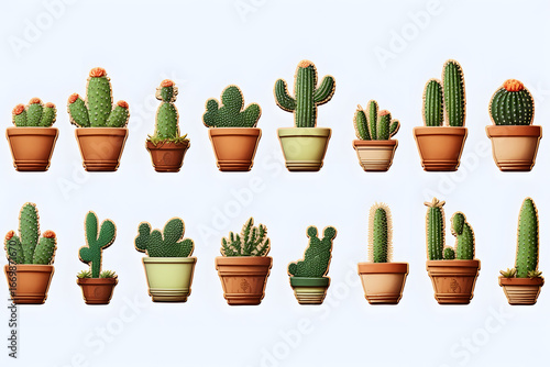 Wallpaper Mural Set of 16 Cartoon-Style Cactus Plants in Terracotta Pots with Different Shapes and Varieties Torontodigital.ca