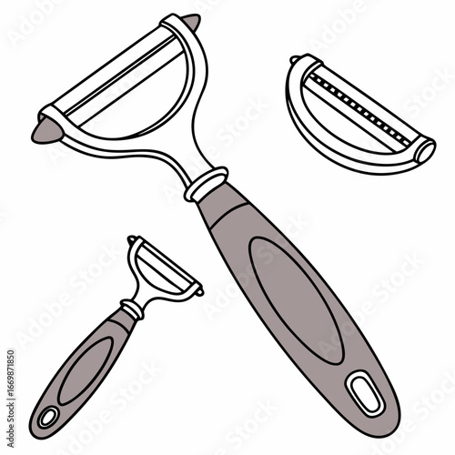 Three kitchen peelers and a spare blade on a white background potato peeler vegetable peeler