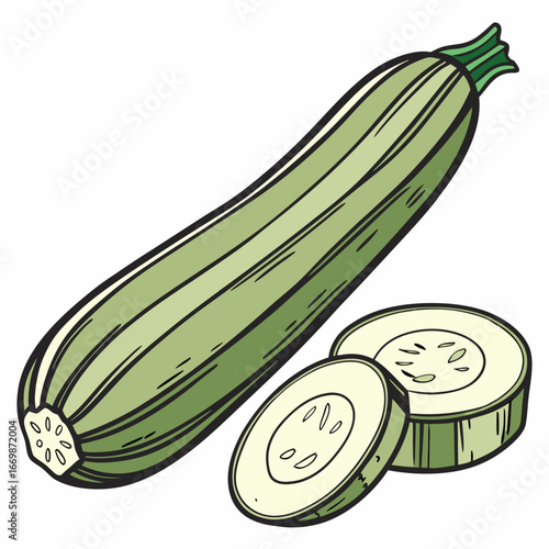 Whole green zucchini and two sliced rounds on white background courgette vegetable