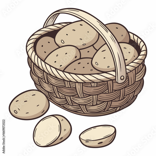 Woven basket filled with potatoes and loose potatoes scattered around on a white background harvest food