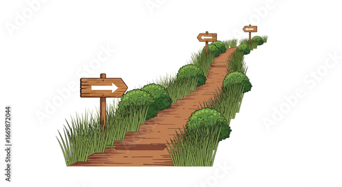 Picturesque Trail Illustration with Wooden Signs Guiding the Way Forward