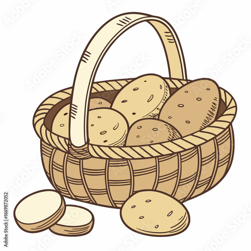 Woven basket filled with potatoes and sliced potatoes on white background harvest