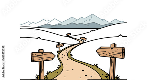 Road leading to mountains with wooden signs pointing different directions