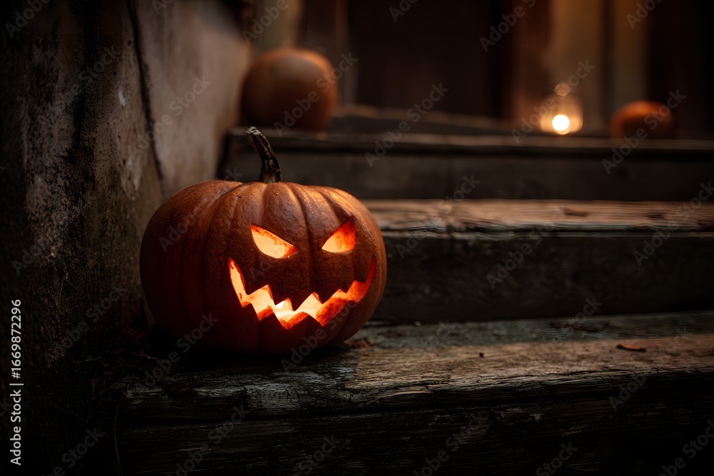 Obraz premium Close-Up of Carved Pumpkin with Sinister Grin - Halloween Horror Detail