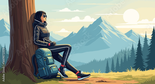 Serene hiker enjoying mountain views during a trekking break in nature