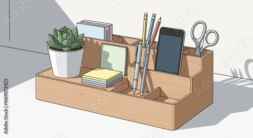 Stylish cartoon illustration of an organized desk wooden organizer with plant