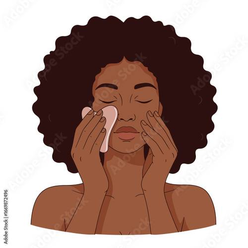Young african-american woman with fluffy hair and closed eyes doing gua sha facial massage. Using pink stone gua sha tool vector illustration. Relax muscles and enjoying beauty routine