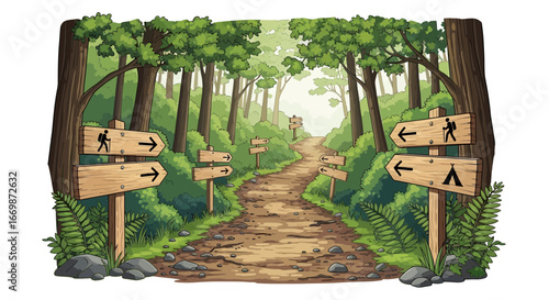 Tranquil hiking path illustration with wooden directional signage outdoors