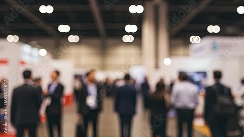 A bustling convention hall, filled with attendees in a defocused crowd.