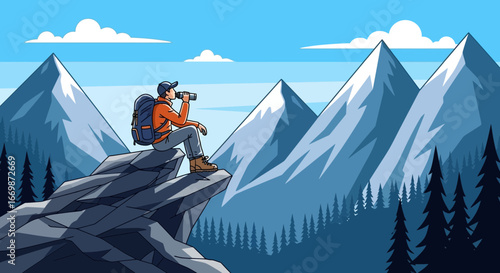 Vector illustration of a hiker resting on mountain top overlooking a vast landscape