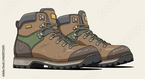 Vintage style illustration of sturdy hiking boots, evoking outdoor adventure