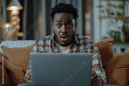 Upset African-American man sitting on the sofa at home, worriedly looking at his laptop screen, reading bad news, or watching a video, demonstrating concern over a challenging, Generative AI