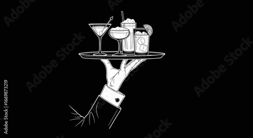 A hand on a tray carries various cocktails.